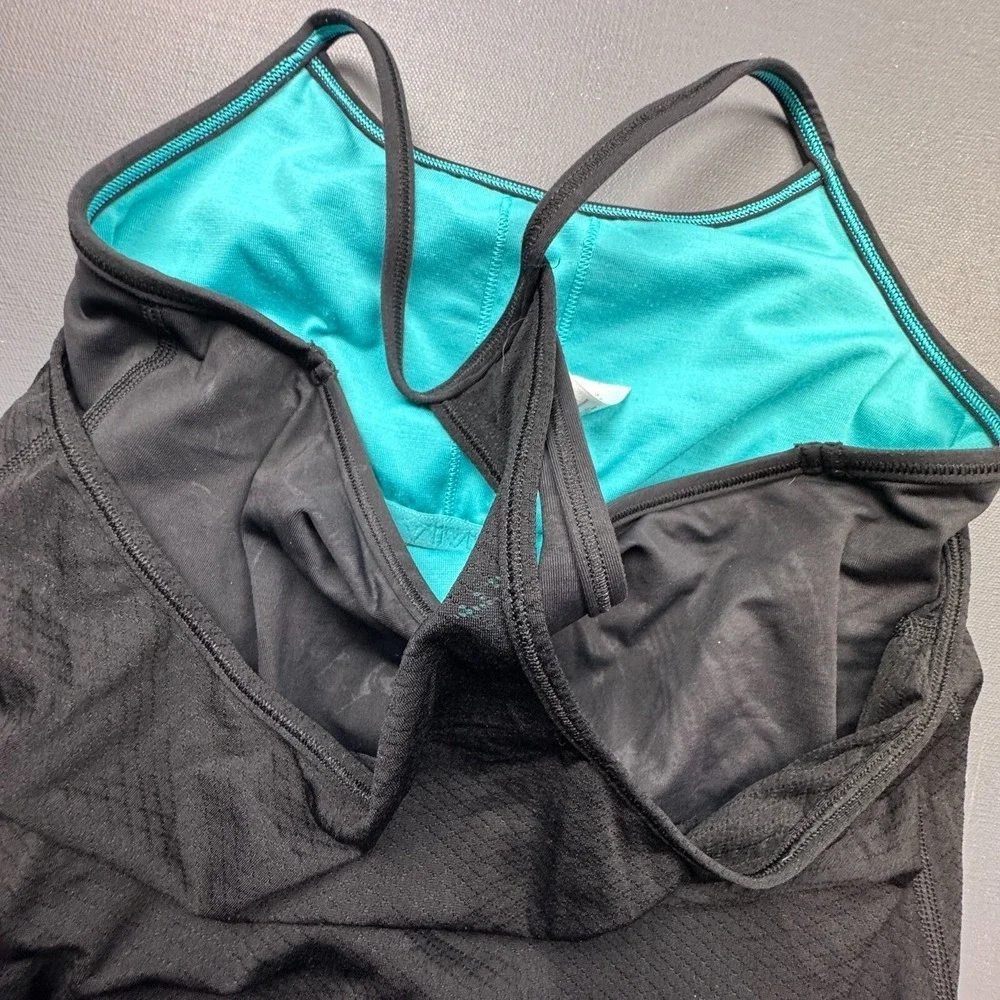 Ivivva Girls Size 12 Black Teal Racerback Tank Built In Bra Athletic Stretch Top
